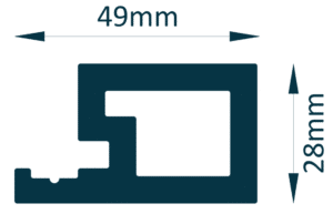 Technical diagram of a 49mm by 28mm rectangular composite profile with internal cut-outs