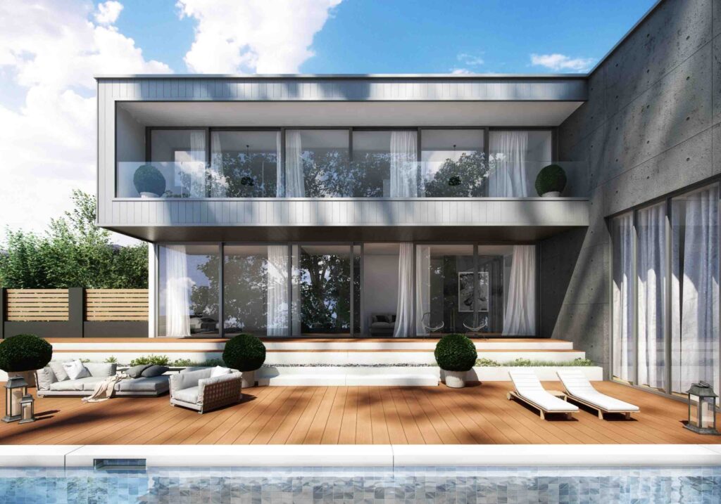 Modern two-storey home with full-height windows, timber-look pool deck and outdoor lounge area