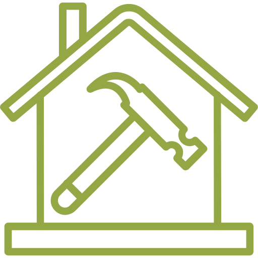 Green outline icon of a house with a hammer symbol inside, representing construction or renovation