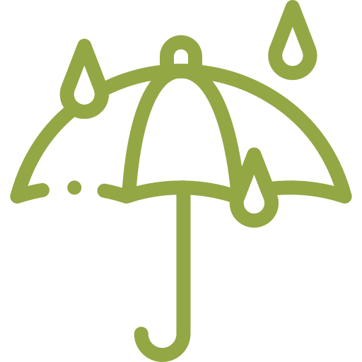 Green outline icon of an umbrella with raindrops, symbolising weather resistance or water protection